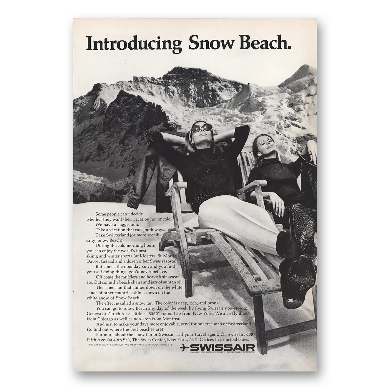 1966 Swissair Introducing Snow Beach Vintage Magazine Print Ad