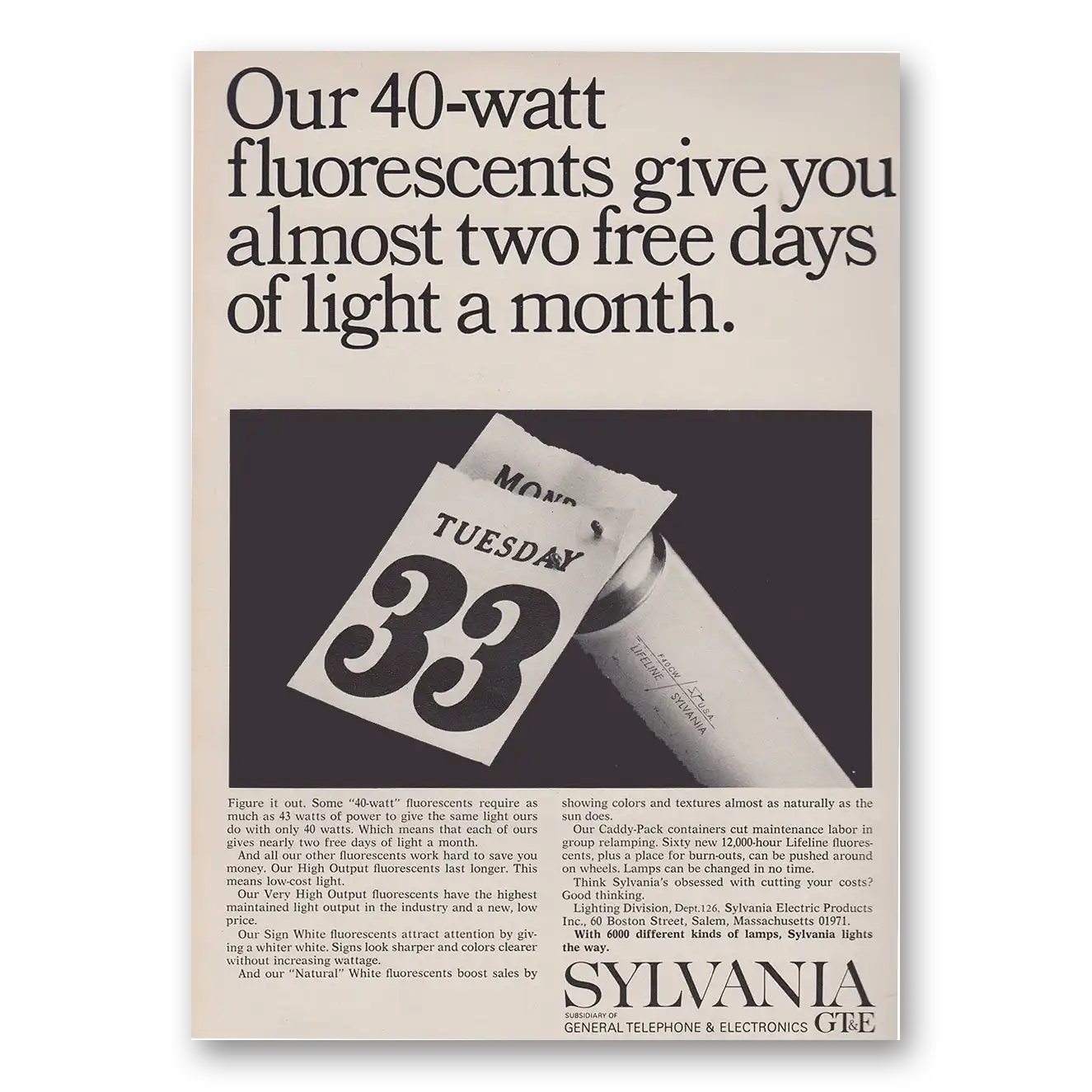 1966 Sylvania Flourescent Light GTE 40 Watt Fluorescents Vintage Magazine Print Ad