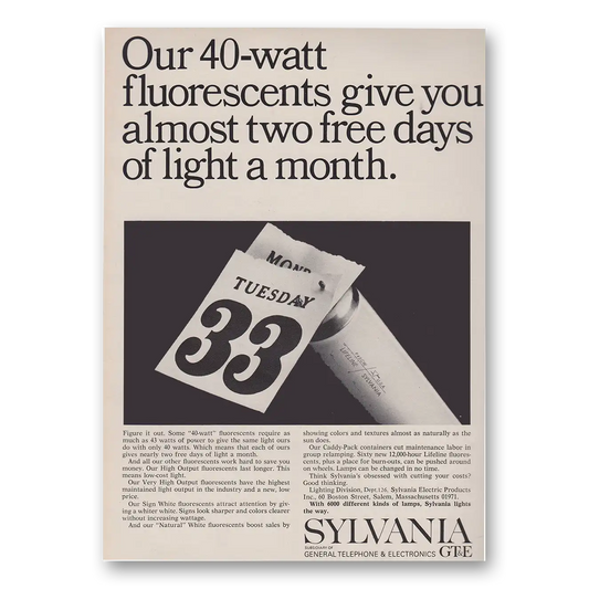 1966 Sylvania Flourescent Light GTE 40 Watt Fluorescents Vintage Magazine Print Ad