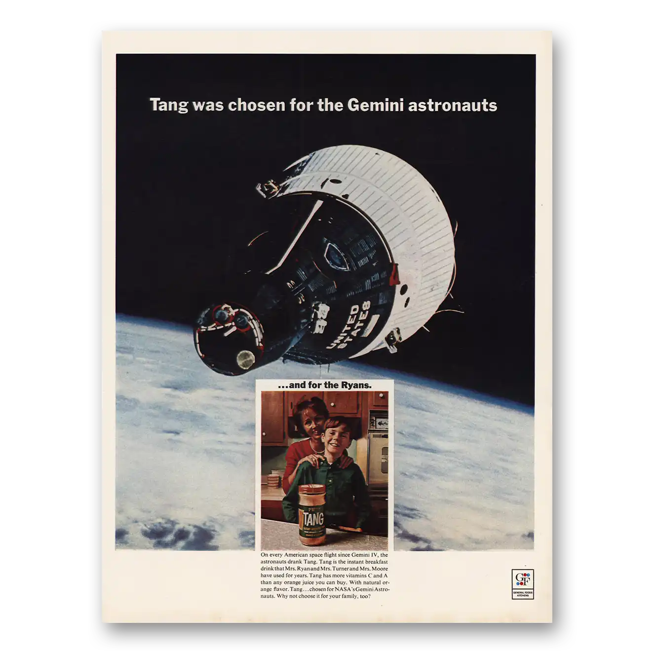 1966 Tang Breakfast Drink Gemini Astronauts Vintage Magazine Print Ad