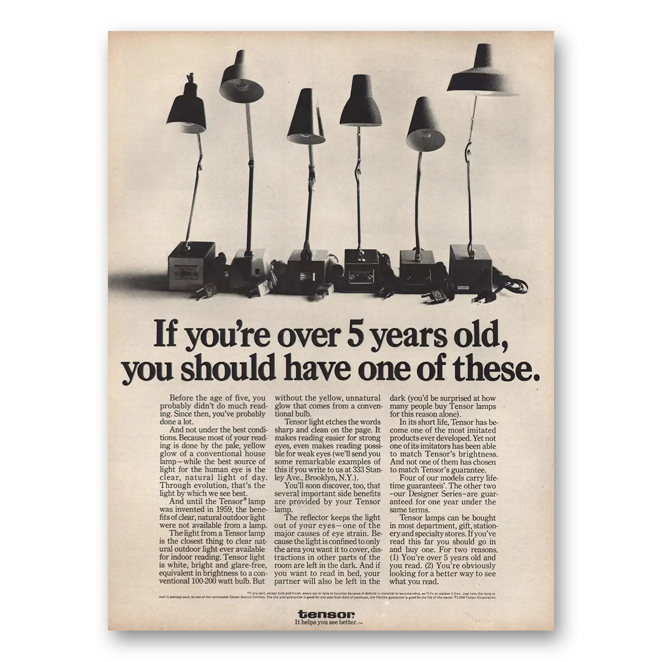 1966 Tensor Lamp Over 5 Years Old Vintage Magazine Print Ad