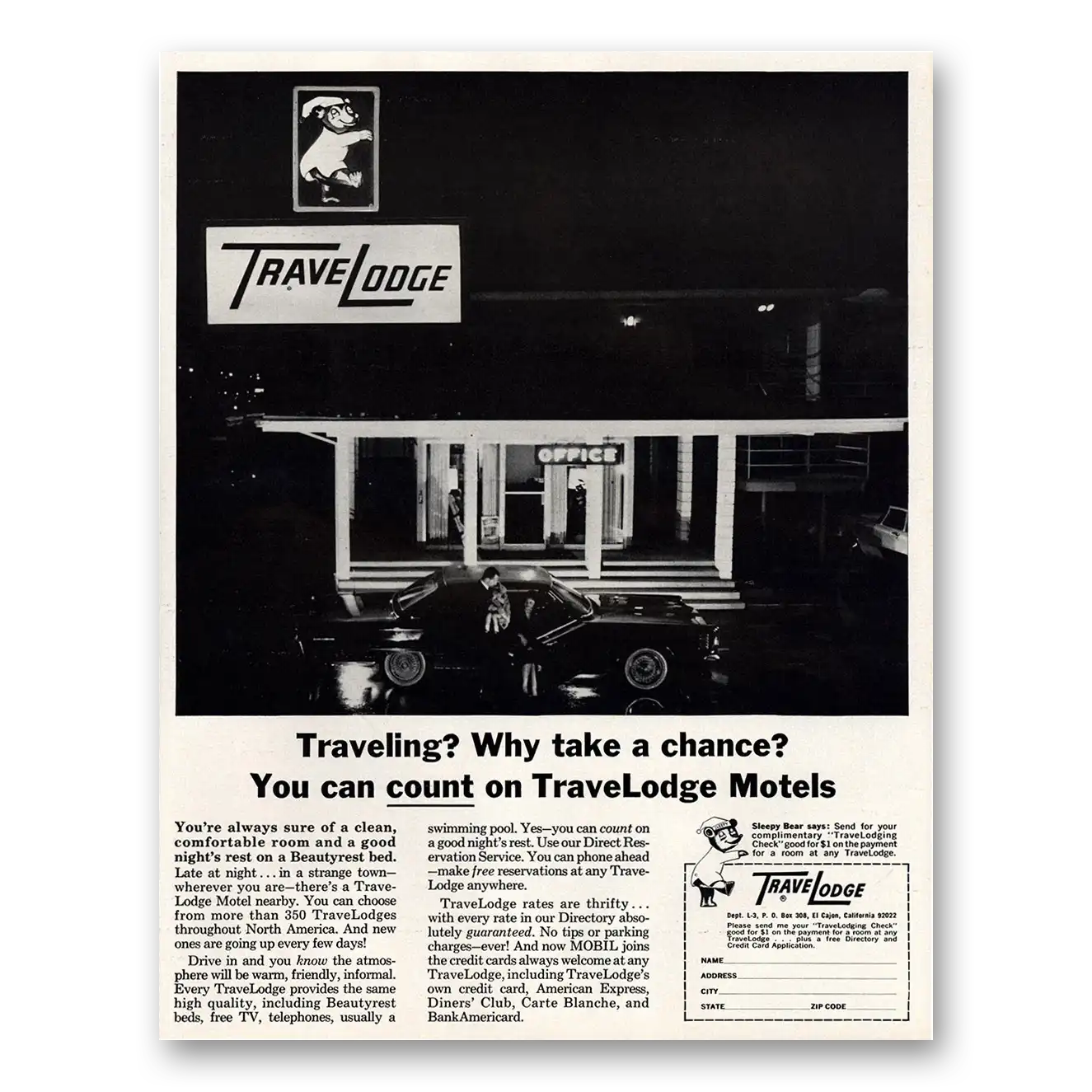 1966 TraveLodge Why Take a Chance Vintage Magazine Print Ad