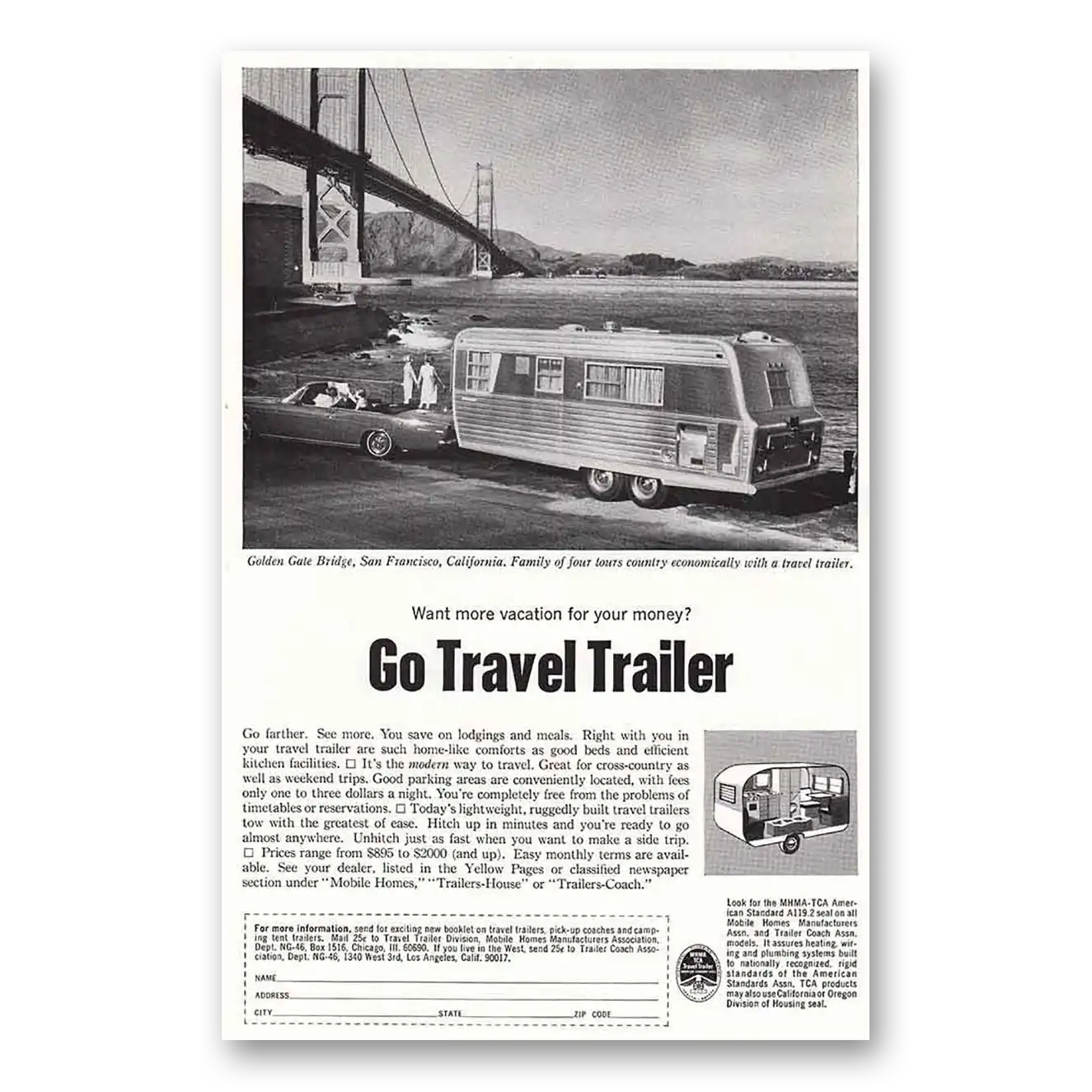 1966 Mobile Home Mfg Travel Trailer Golden Gate Bridge Vintage Magazine Print Ad