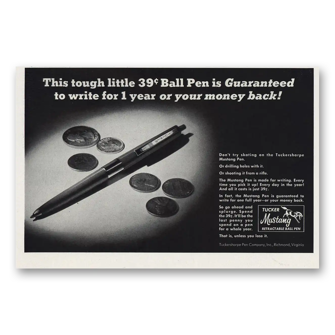 1966 Tucker Mustang Ball Pen Tough Little 39 Ball Pen Vintage Magazine Print Ad