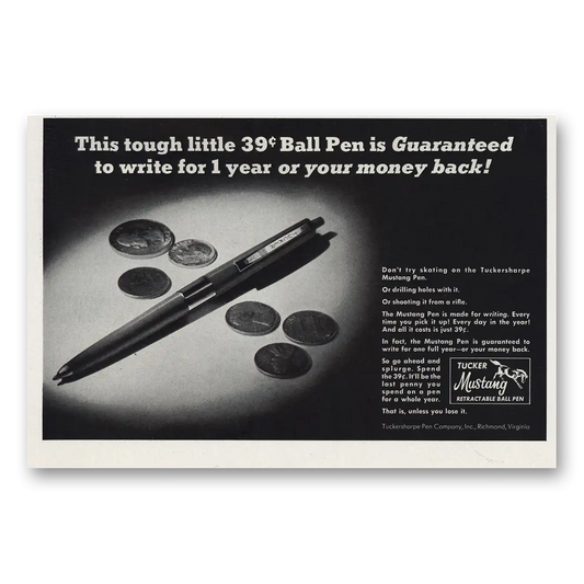 1966 Tucker Mustang Ball Pen Tough Little 39 Ball Pen Vintage Magazine Print Ad