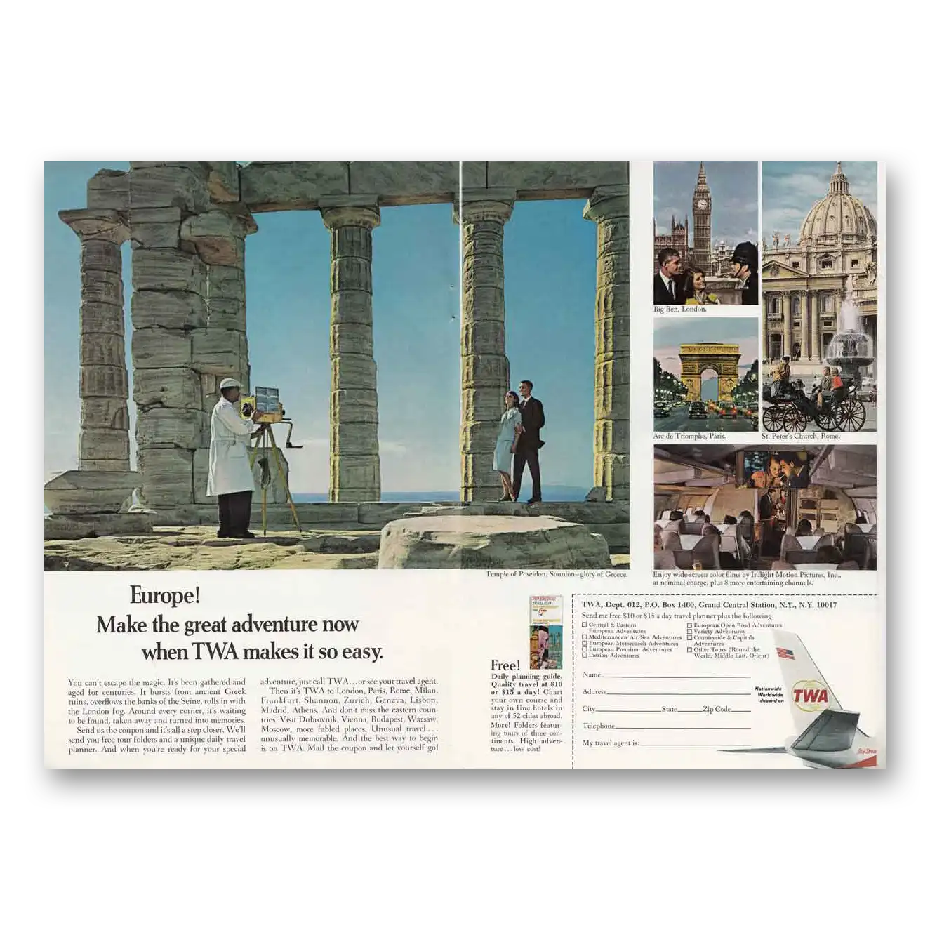 1966 TWA Airlines Temple of Poseidon Vintage Magazine Print Ad