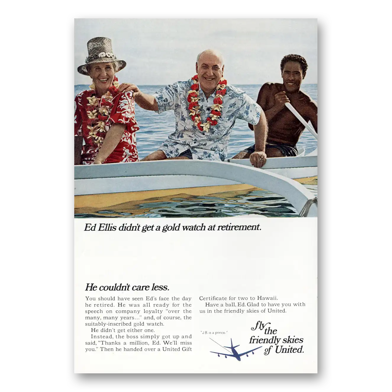 1966 United Airlines Ed Ellis Didn't Get a Gold Watch Vintage Magazine Print Ad