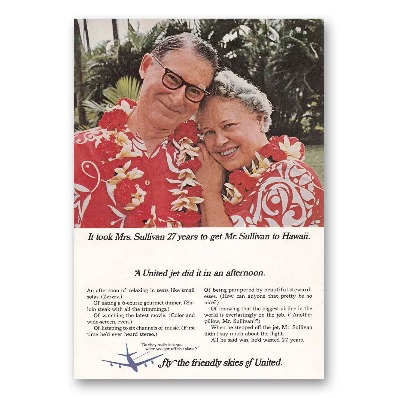 1966 United Airlines Took Mrs Sullivan 27 Years to Get Mr Sullivan to Hawaii Vintage Magazine Print Ad