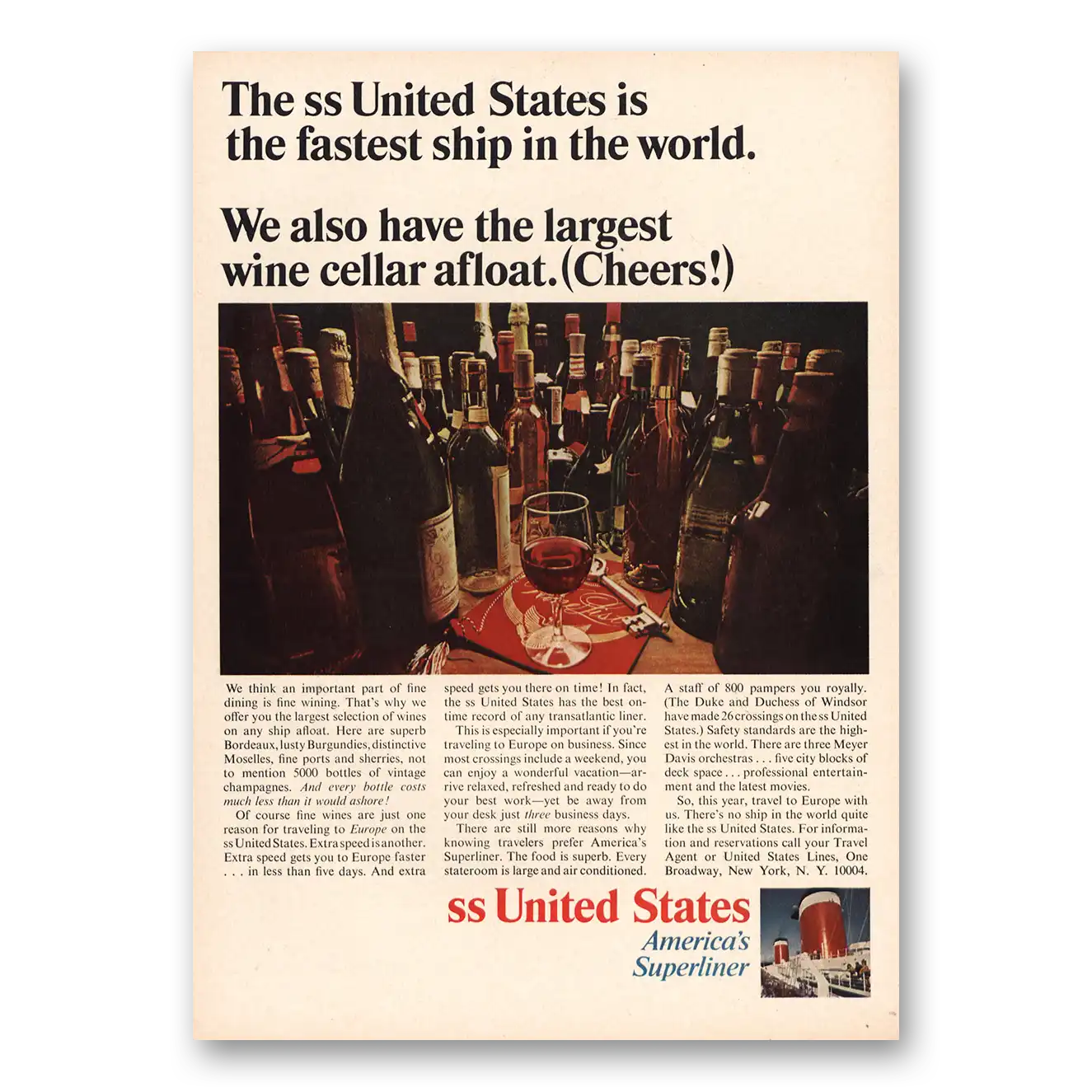 1966 United States Lines Largest Wine Cellar Afloat Cheers Vintage Magazine Print Ad