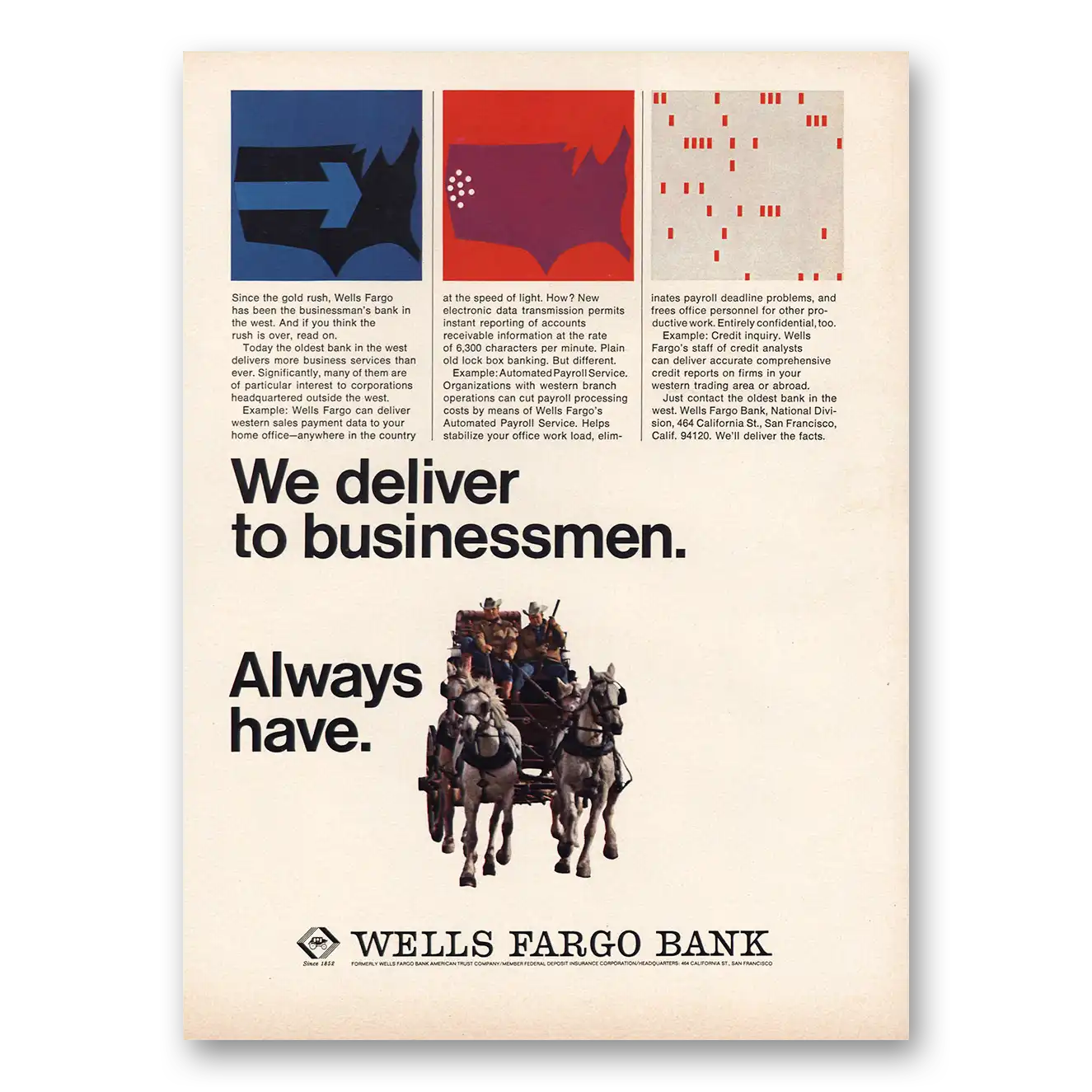 1966 Wells Fargo Bank We Deliver to Businessmen Vintage Magazine Print Ad