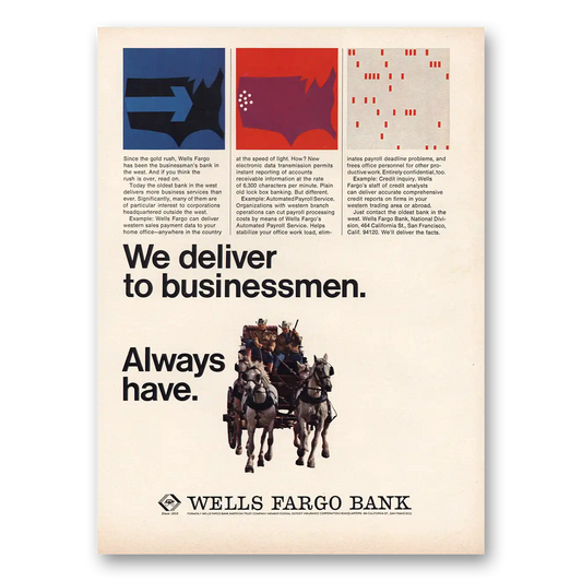 1966 Wells Fargo Bank We Deliver to Businessmen Vintage Magazine Print Ad