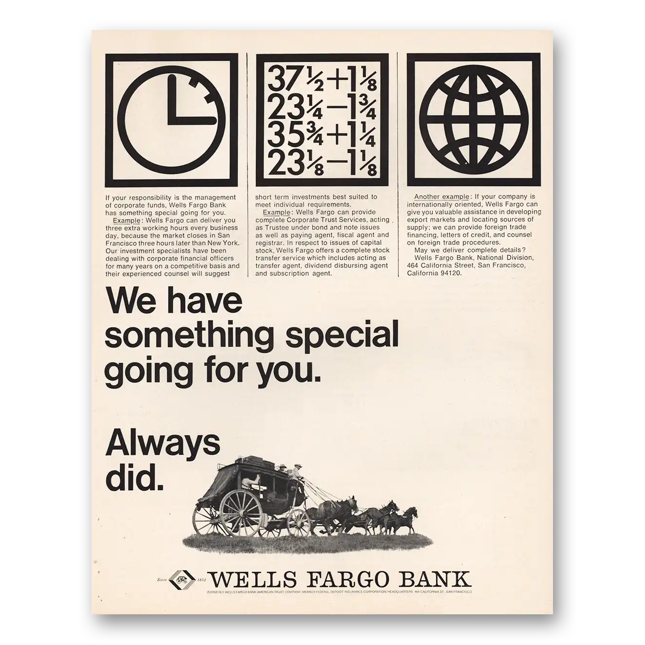 1966 Wells Fargo Bank Something Special Going For You Vintage Magazine Print Ad