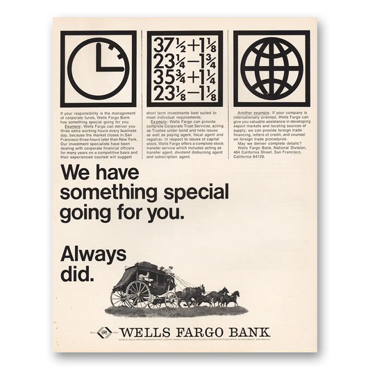 1966 Wells Fargo Bank Something Special Going For You Vintage Magazine Print Ad