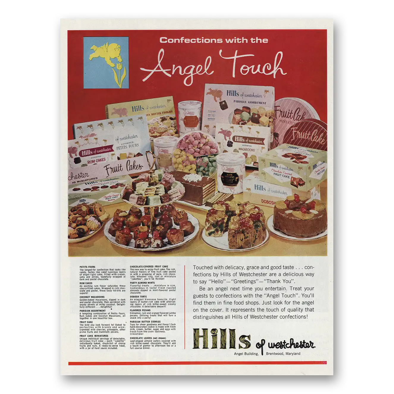 1966 Hills of Westchester Confections With Angel Touch Vintage Magazine Print Ad