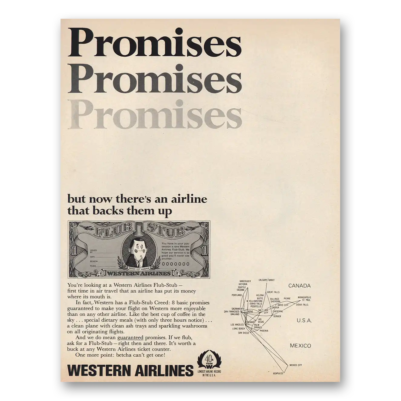 1966 Western Air Lines Promises Promises Vintage Magazine Print Ad