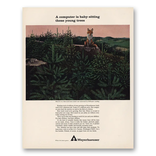 1966 Weyerhaeuser Computer Baby Sitting Trees Vintage Magazine Print Ad