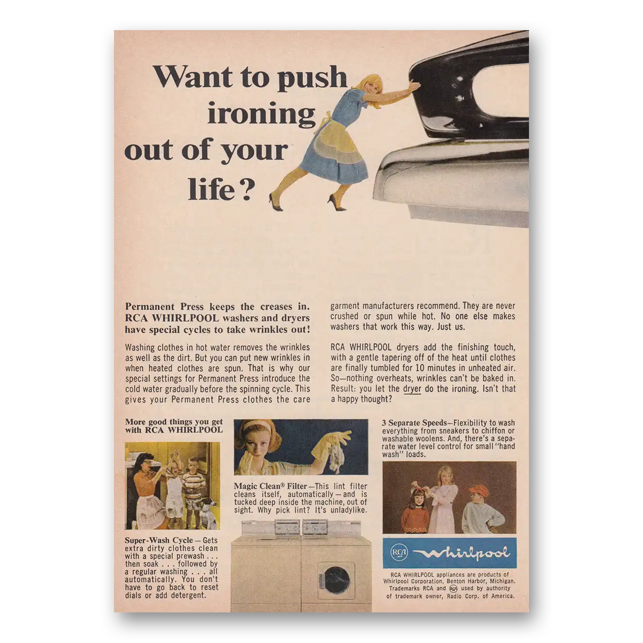 1966 Whirlpool Washer Dryer Want to Push Ironing Out of Your Life Vintage Magazine Print Ad