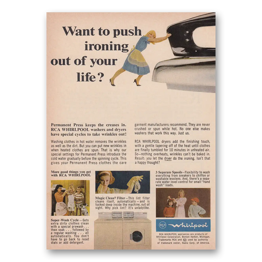 1966 Whirlpool Washer Dryer Want to Push Ironing Out of Your Life Vintage Magazine Print Ad