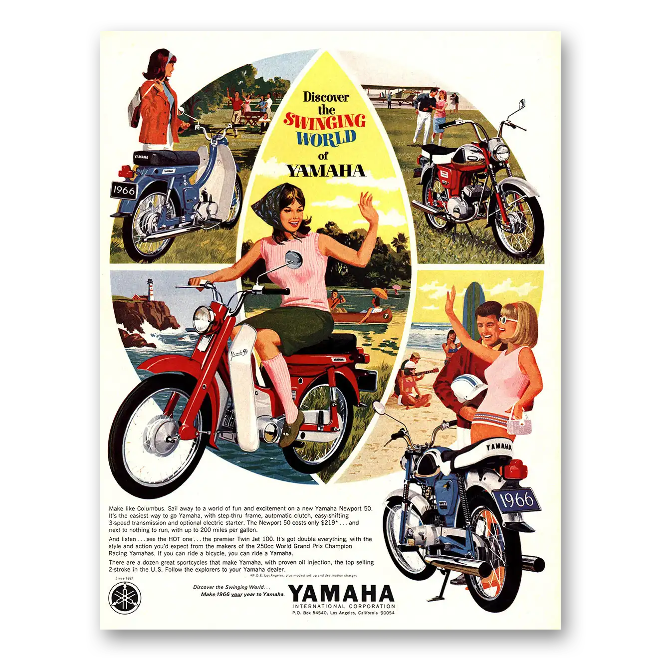 1966 Yamaha Motorcycles Newport Swinging World Vintage Magazine Print Ad