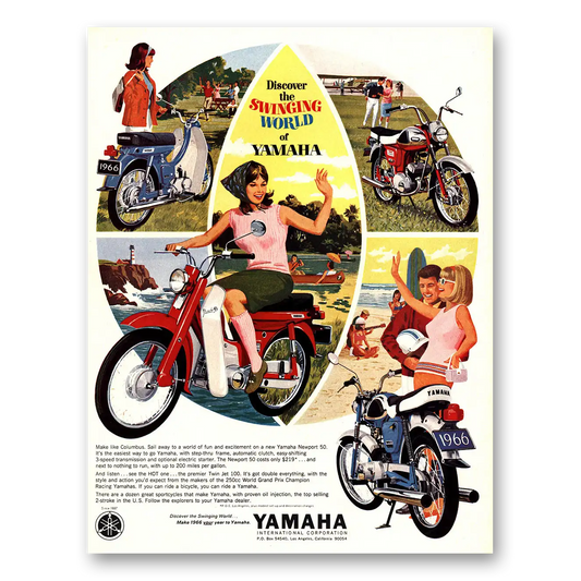 1966 Yamaha Motorcycles Newport Swinging World Vintage Magazine Print Ad