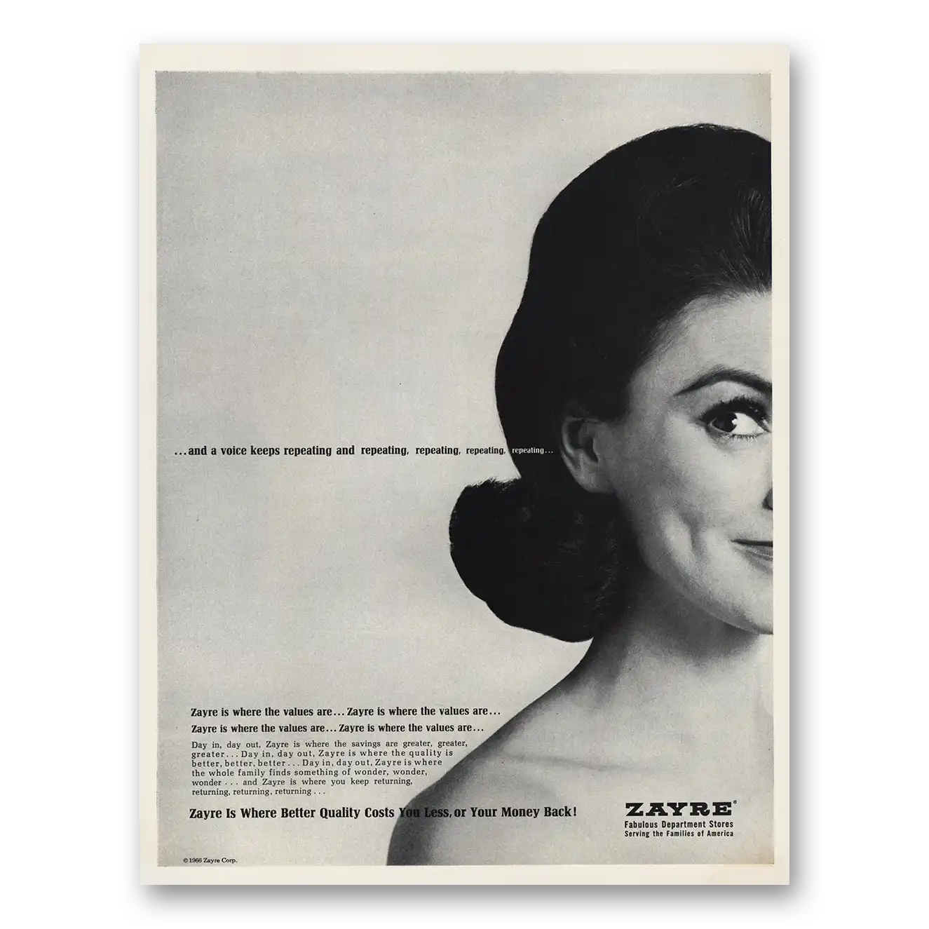 1966 Zayre Department Store Voice Keeps Repeating Vintage Magazine Print Ad