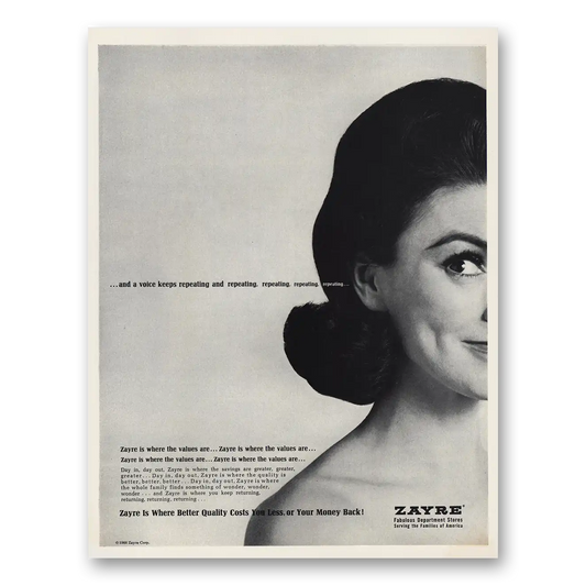 1966 Zayre Department Store Voice Keeps Repeating Vintage Magazine Print Ad