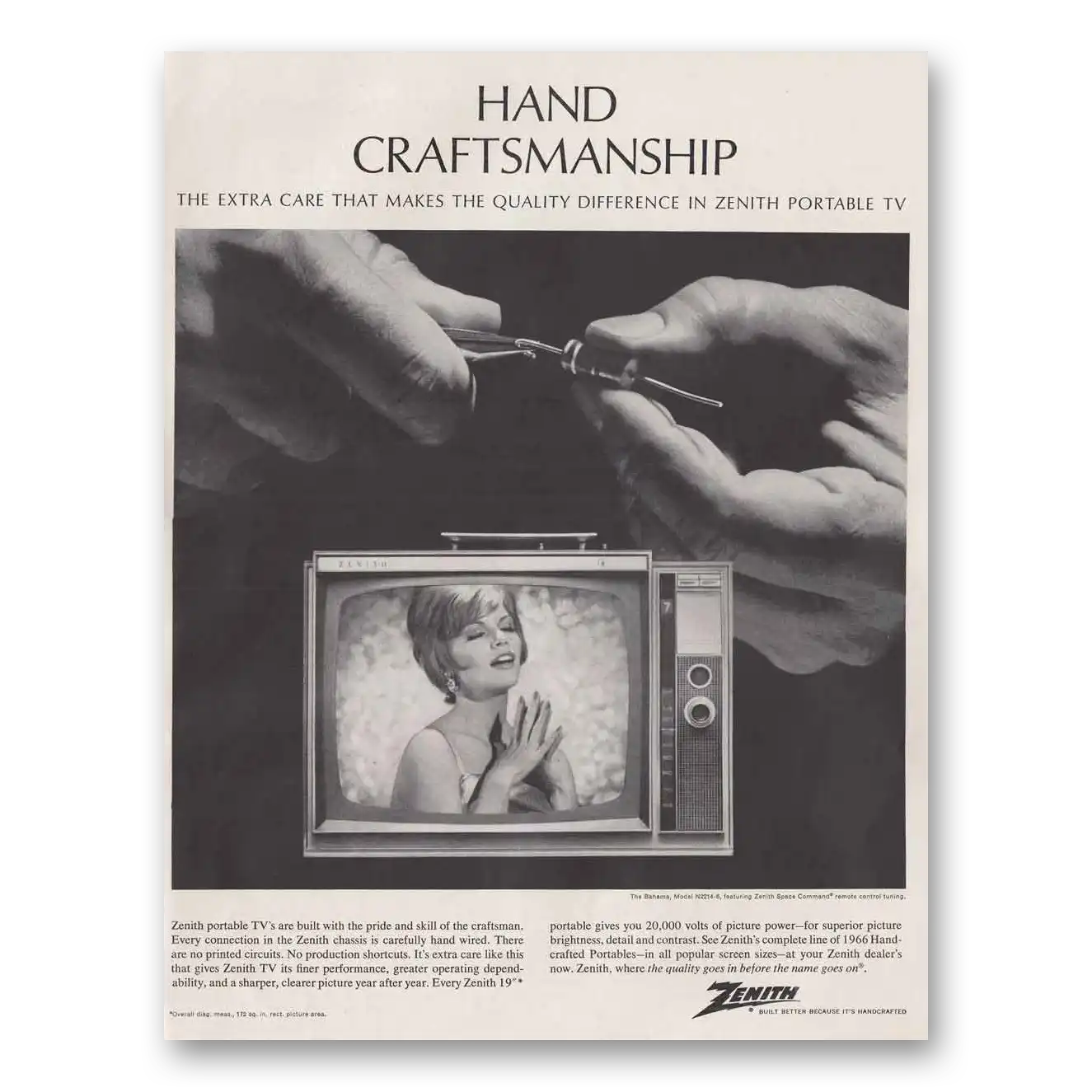 1966 Zenith Television Hand Craftsmanship Bahama Vintage Magazine Print Ad