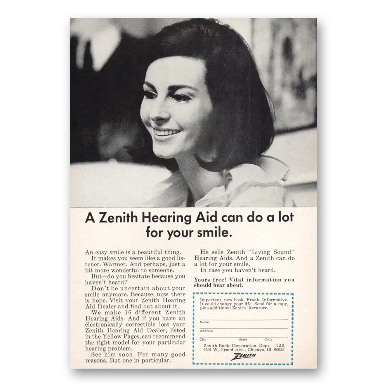 1966 Zenith Hearing Aid Can Do a Lot For Your Smile Vintage Magazine Print Ad