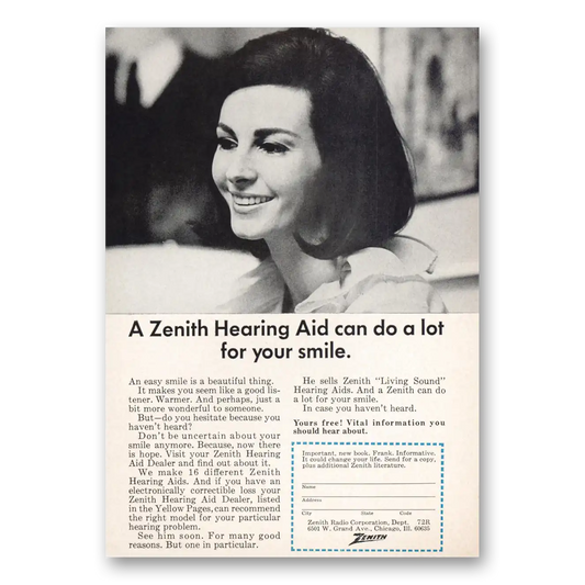 1966 Zenith Hearing Aid Can Do a Lot For Your Smile Vintage Magazine Print Ad