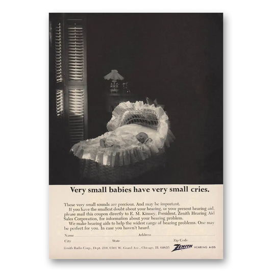 1966 Zenith Hearing Aid Very Small Babies Very Small Cries Vintage Magazine Print Ad