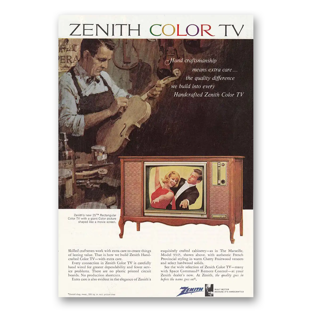 1966 Zenith Television Violin Hand Craftsmanship Vintage Magazine Print Ad