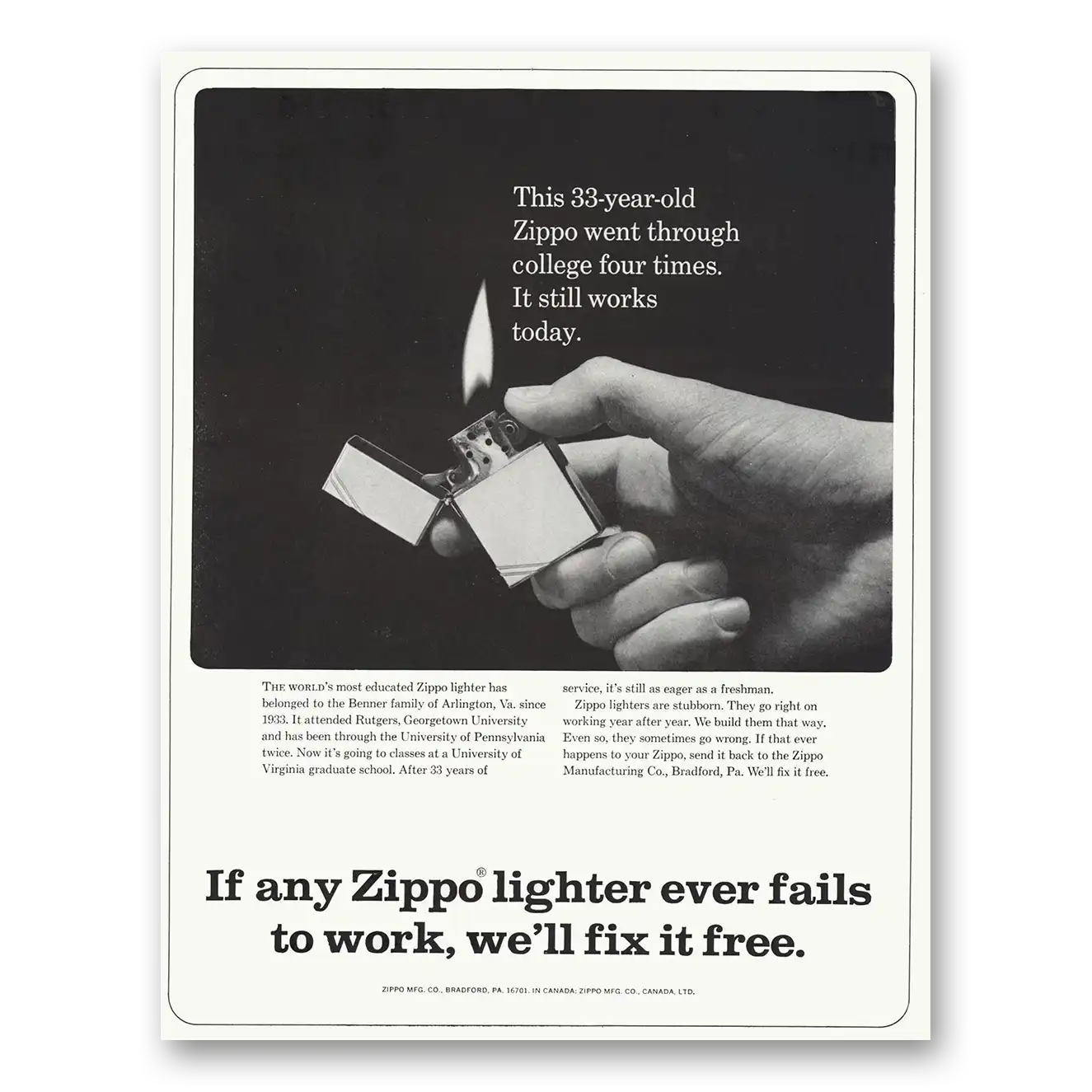 1966 Zippo Lighter 33 Year Old Zippo Went Through College Four Times Vintage Magazine Print Ad