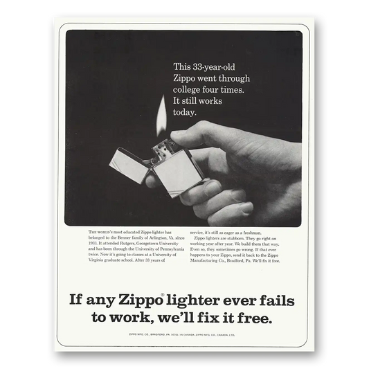 1966 Zippo Lighter 33 Year Old Zippo Went Through College Four Times Vintage Magazine Print Ad