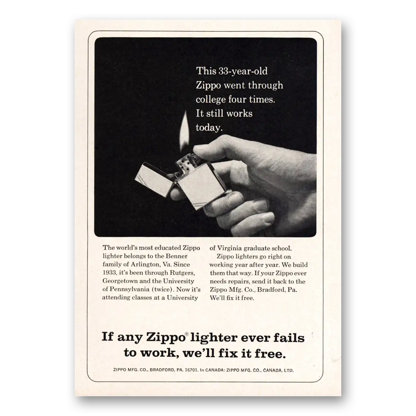 1966 Zippo Lighter 33 Year Old Zippo Went Through College Four Times Vintage Magazine Print Ad