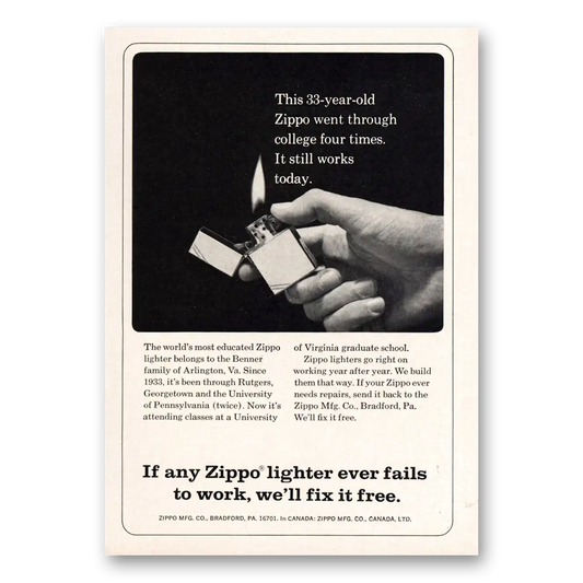 1966 Zippo Lighter 33 Year Old Zippo Went Through College Four Times Vintage Magazine Print Ad