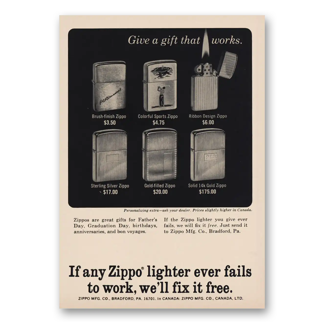 1966 Zippo Lighter Give a Gift That Works Vintage Magazine Print Ad