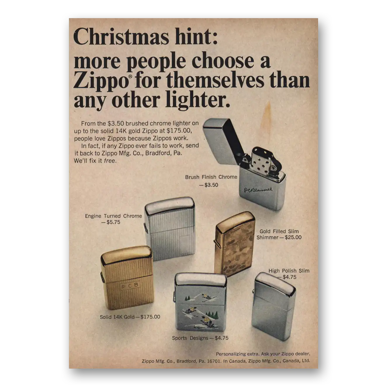 1966 Zippo Lighter Christmas Hint Vintage Magazine Print Ad