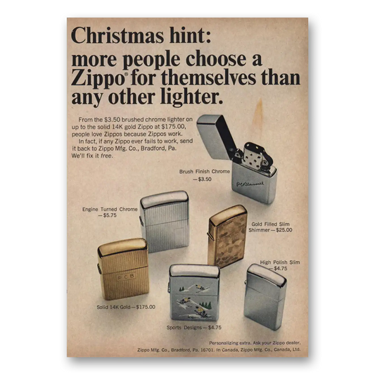 1966 Zippo Lighter Christmas Hint Vintage Magazine Print Ad