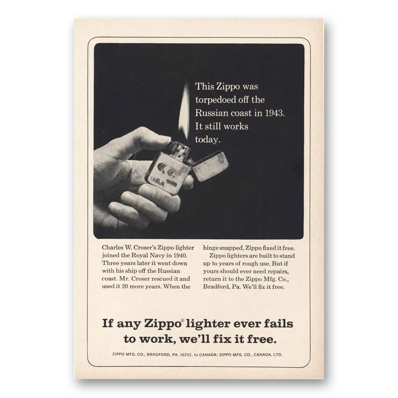 1966 Zippo Lighter Torpedoed Russian Coast Vintage Magazine Print Ad