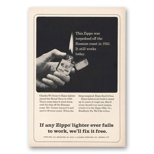 1966 Zippo Lighter Torpedoed Russian Coast Vintage Magazine Print Ad