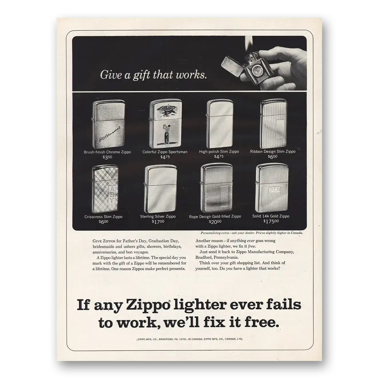 1966 Zippo Lighter Any Zippo Lighter Ever Fails Vintage Magazine Print Ad