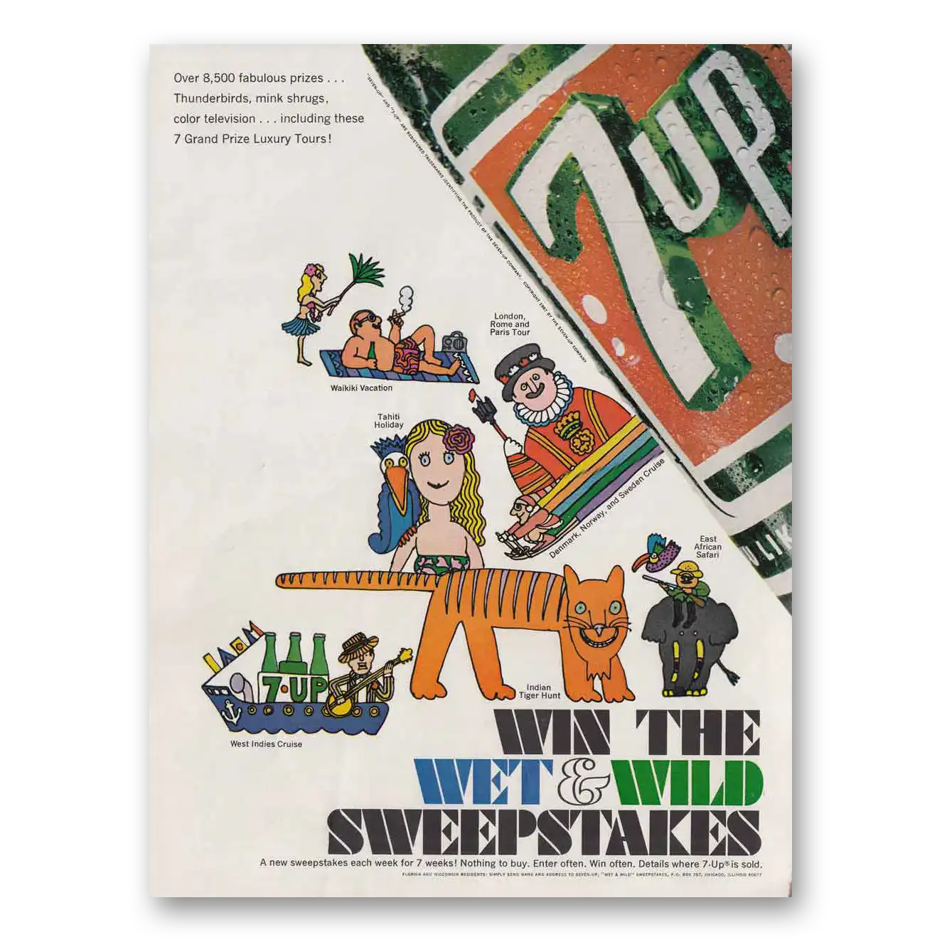 1967 7Up Wet and Wild Sweepstakes Vintage Magazine Print Ad