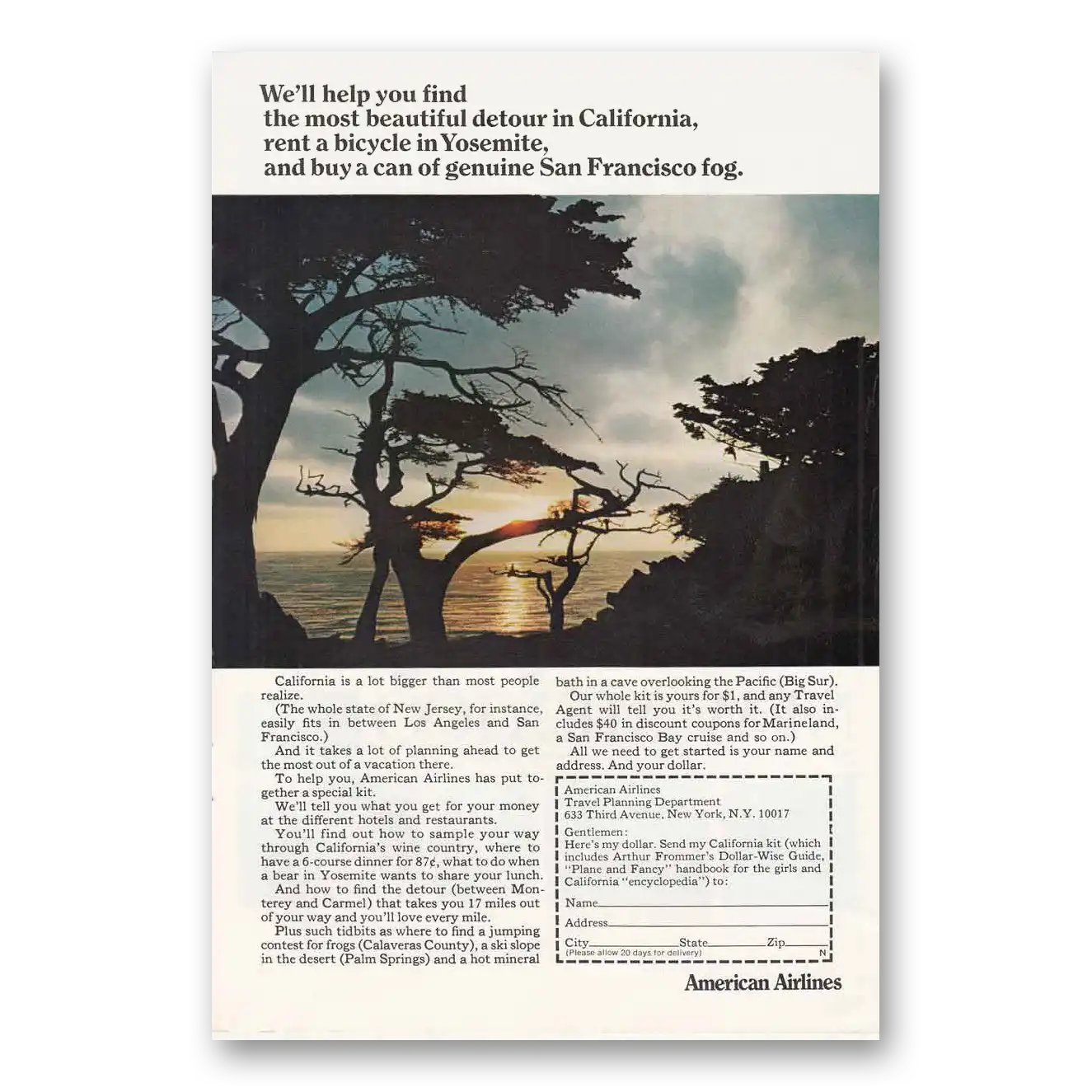 1967 American Airlines Most Beautiful Detour in California Vintage Magazine Print Ad