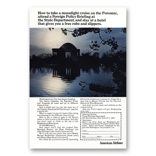 1967 American Airlines Moonlight Cruise Potomac Vintage Magazine Print Ad