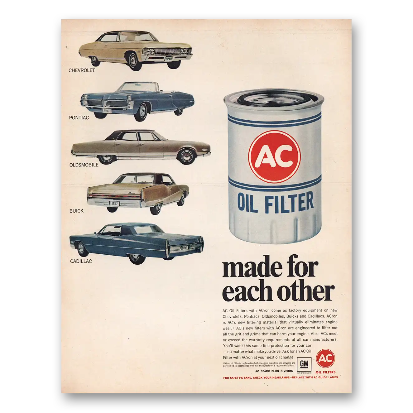 1967 AC Oil Filter Made for Each Other Vintage Magazine Print Ad