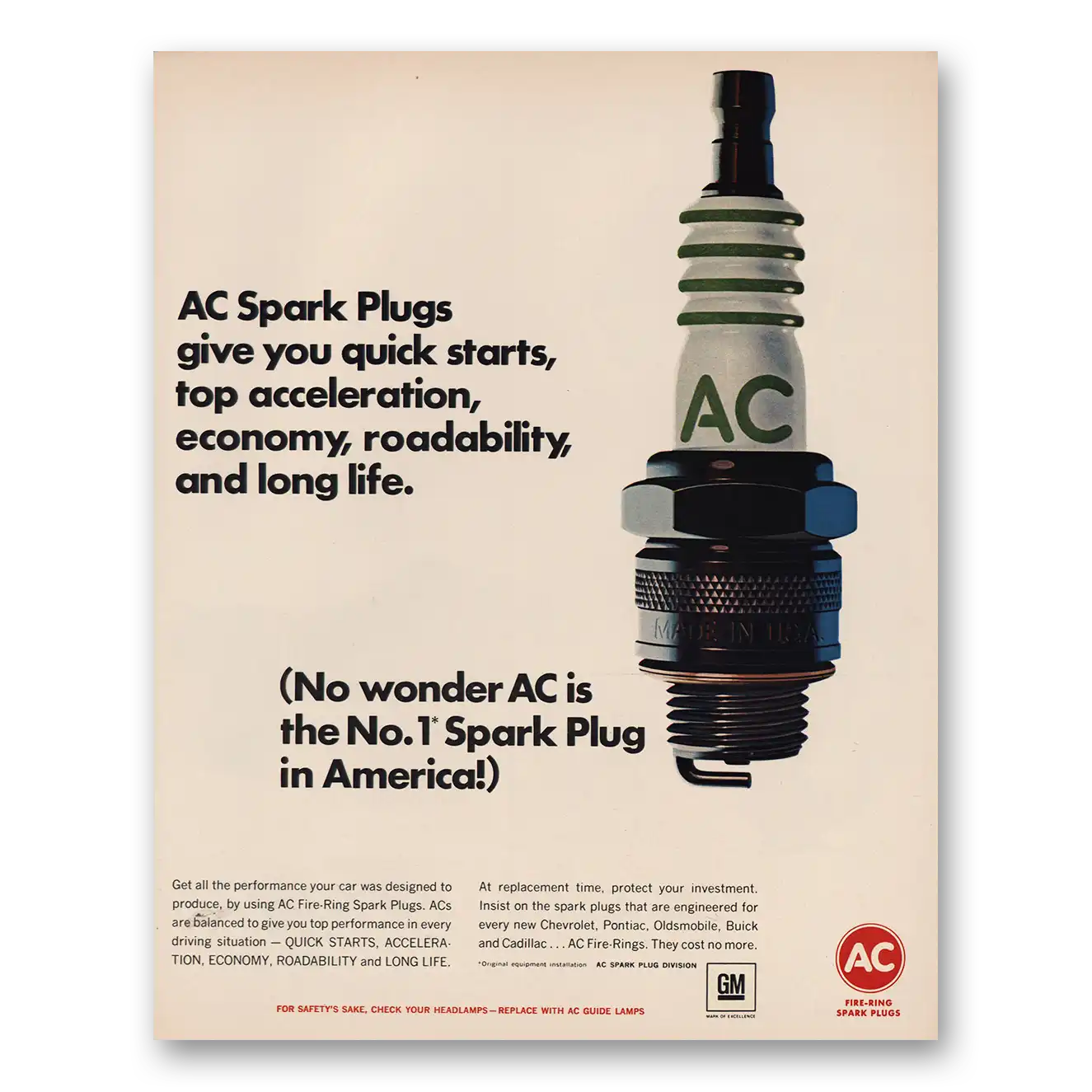 1967 AC Spark Plugs Gives You Quick Starts Vintage Magazine Print Ad