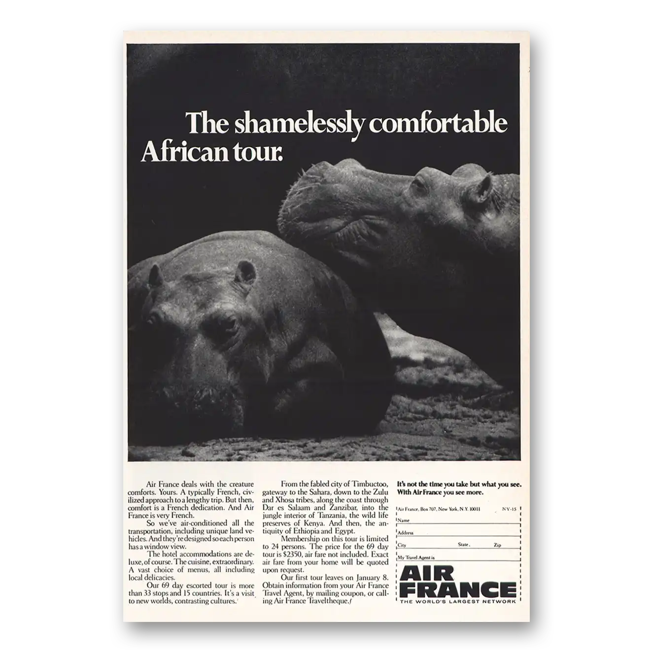 1967 Air France Shamelessly Comfortable African Tour Vintage Magazine Print Ad