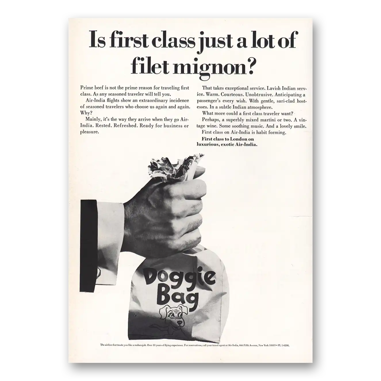 1967 Air India First Class Filet Mignon Doggie Bag Vintage Magazine Print Ad