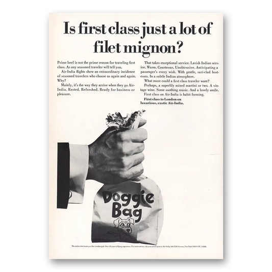 1967 Air India First Class Filet Mignon Doggie Bag Vintage Magazine Print Ad