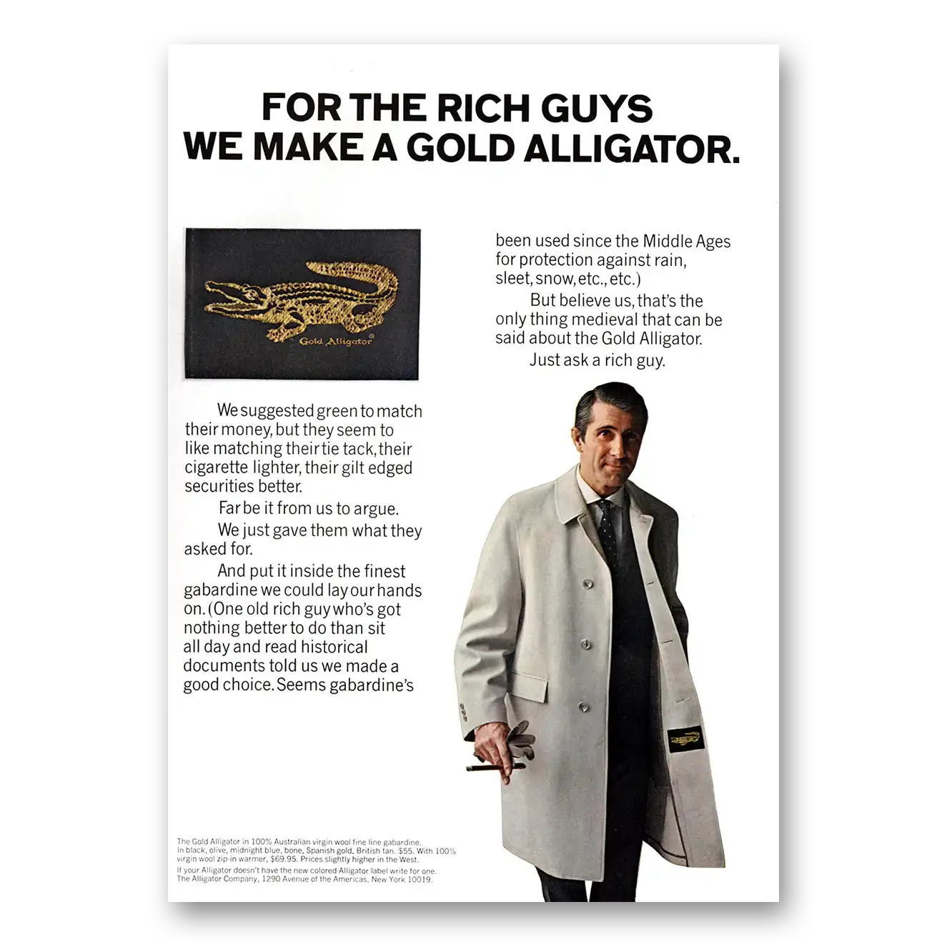 1967 Alligator Coats For the Rich Guys We Make Gold Alligator Vintage Magazine Print Ad